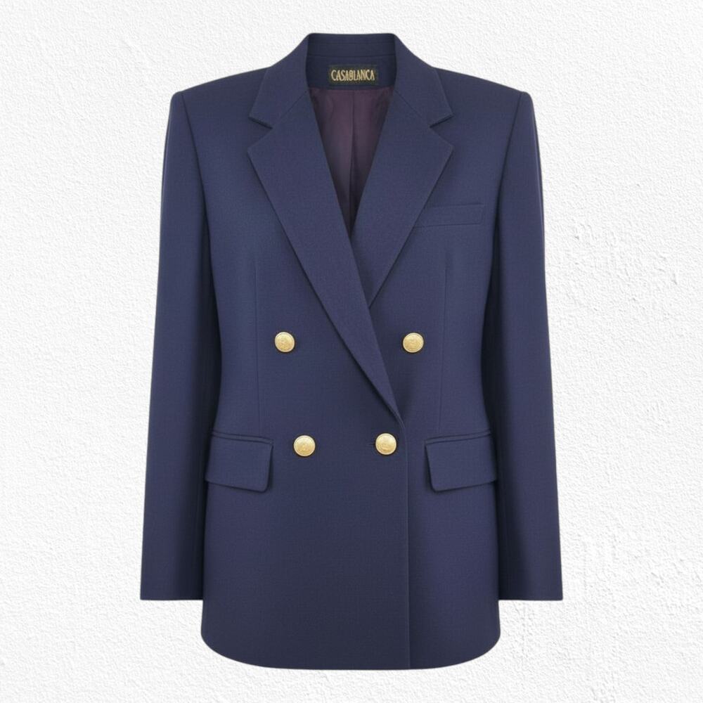 Vintage 80s Navy Wool Double Breasted Blazer Gold Buttons Size 8 Officecore